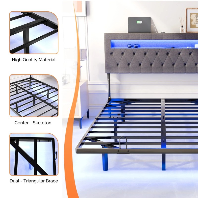 Full Floating Bed Frame w/ LED Cama Full con Luz LED Plataforma Gris NEW gallery