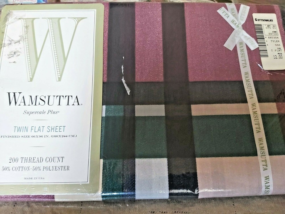 Wamsutta NOS Supercale Plus Tyler Plaid-Hunter Twin Flat Sheet -200 Thread Count