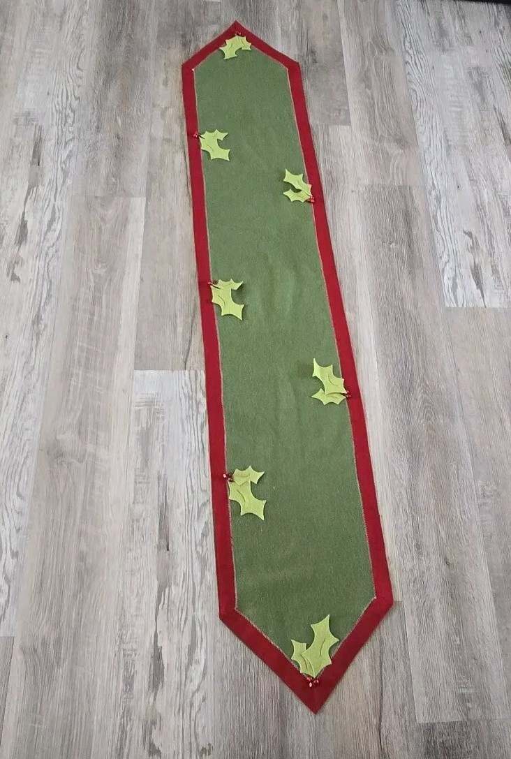 Wool Blend Table Runner Holly Berries Bells Leaves Green Christmas Embellished gallery