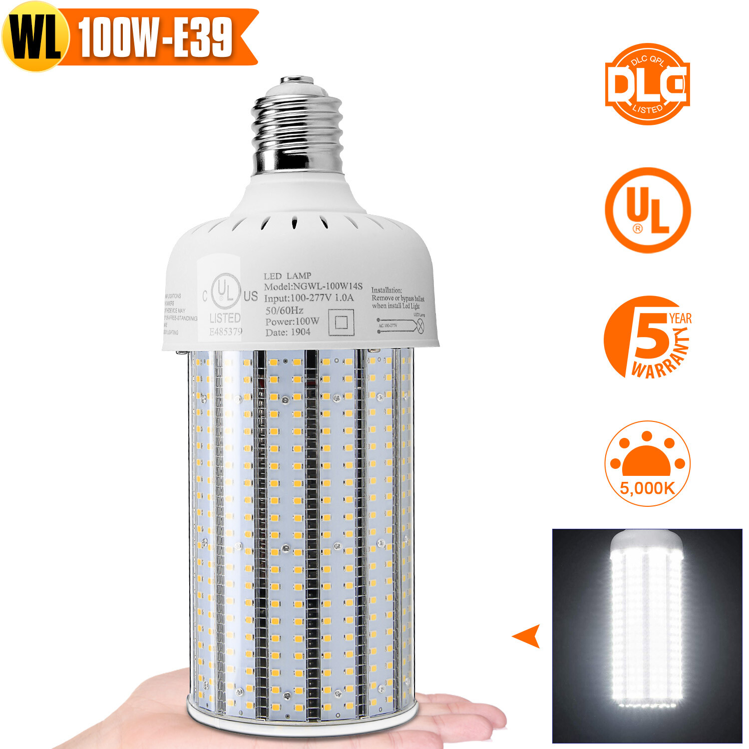 DLC 100W LED Corn Light Bulbs Warehouse High Bay Lamp 5000K/6000K E39 Large Base gallery