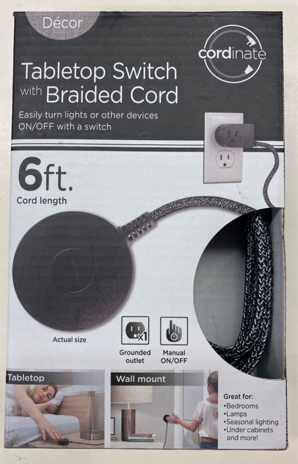 Decor Cordinate Tabletop Wall Mount Switch Plug w/ Braided Cord Black/White NEW gallery