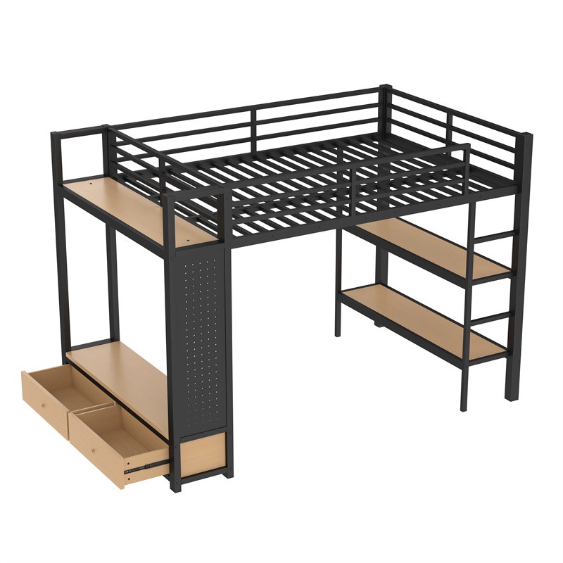 Full Size Loft Bed Frame w/Wardrobe,Metal Loft Bed with Storage Shelves Black gallery