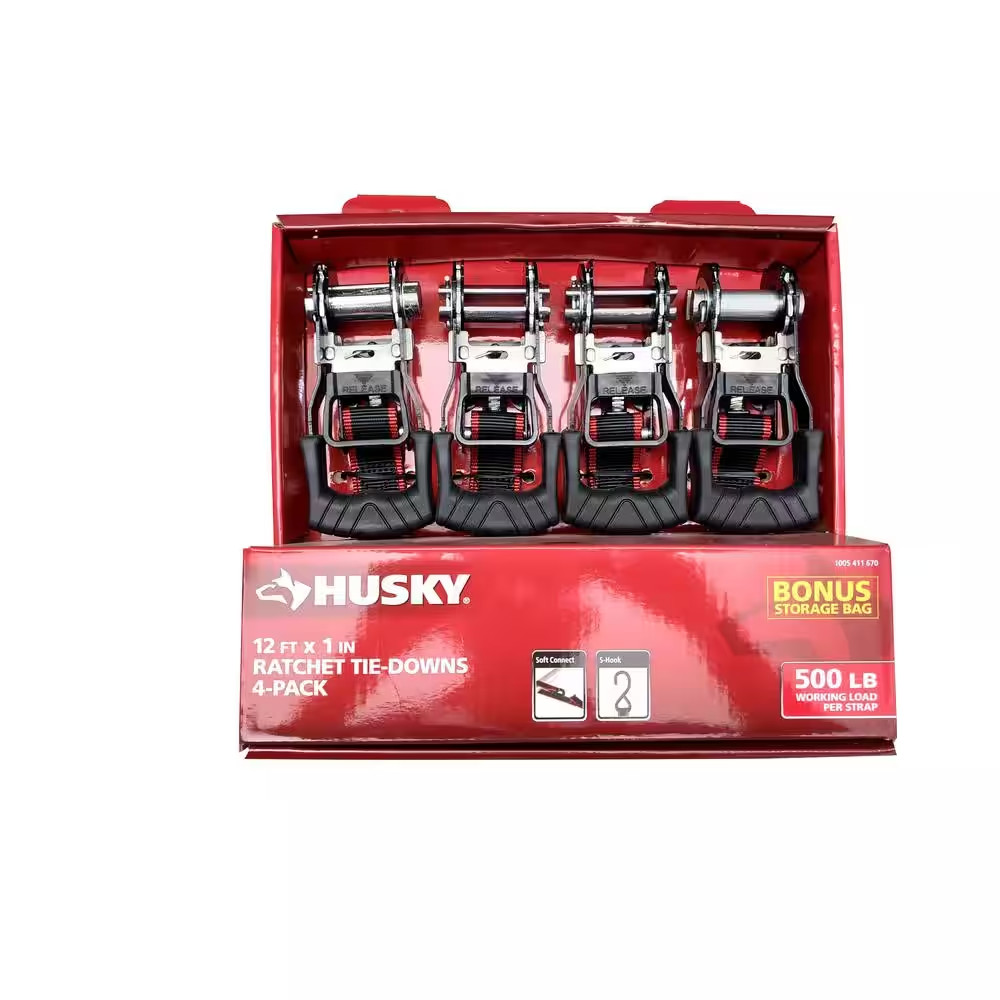 12 Ft. X 1 In. Ratchet Tie-Down Straps with S-Hook (4-Pack) gallery