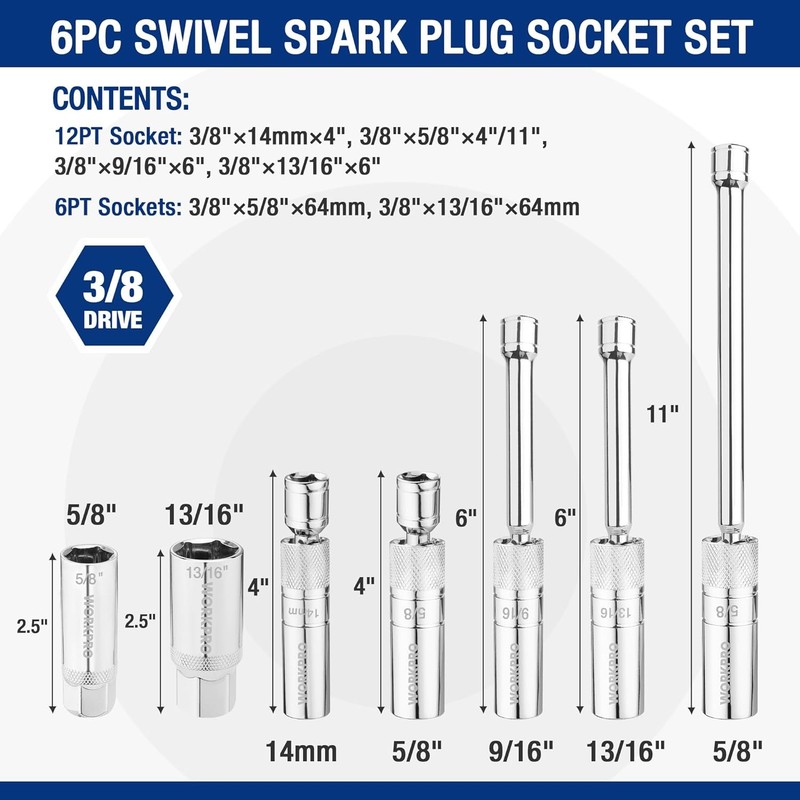 WORKPRO 7 PCS 3/8" Drive Magnetic Swivel Spark Plug Socket Set Thin Wall Sockets gallery