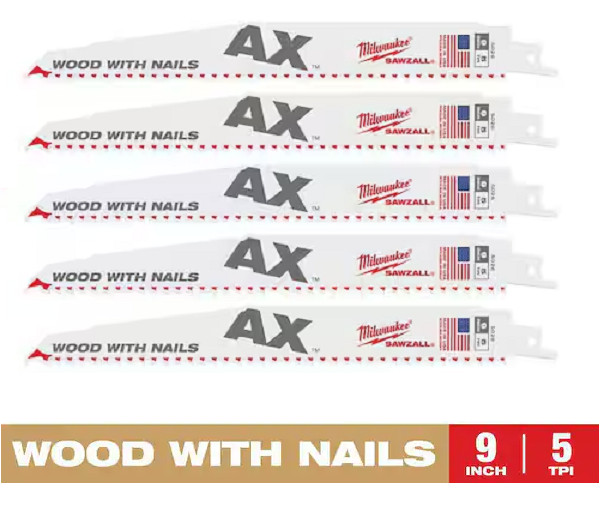 5 MILWAUKEE 9" 5 TPI AX Nail-Embedded Wood Cutting SAWZALL Blades 48-00-5026 gallery