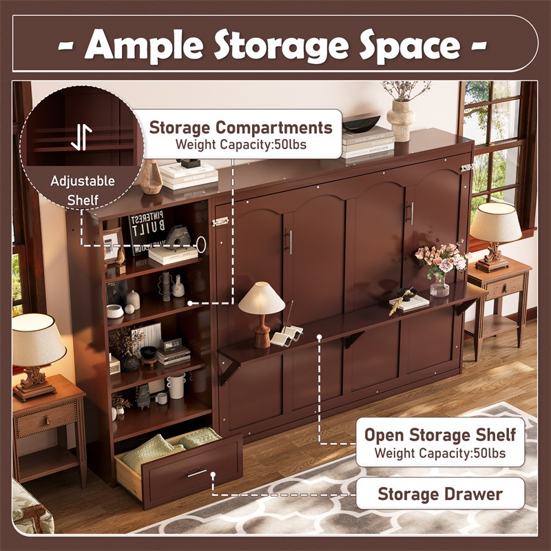 Queen Size Murphy Bed Multifunctional Foldable Bed Wall Bed Frame w/Drawer Walnu gallery