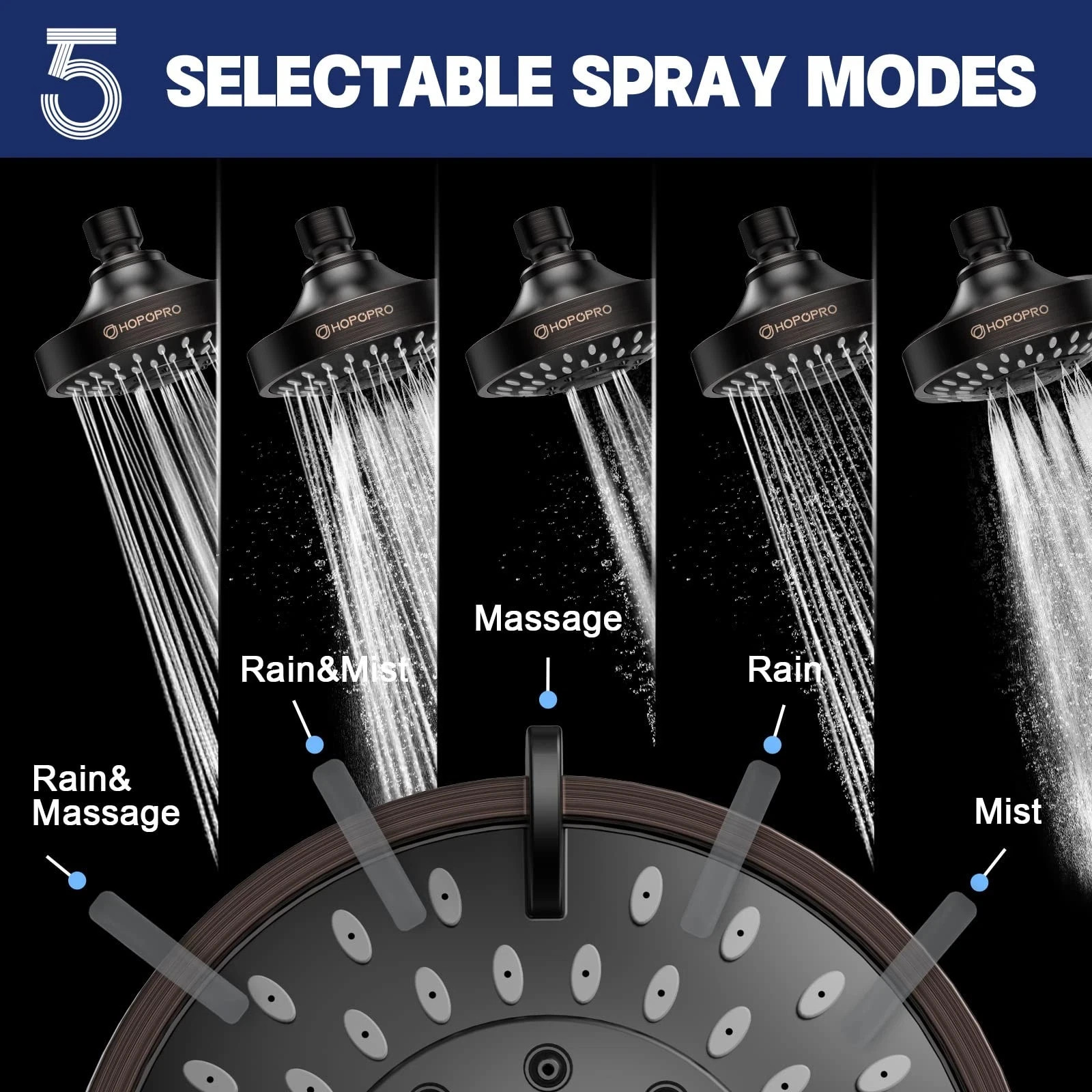 Hopopro 5-Mode High Pressure Shower Head 21651 High Flow 80 PSI Black Bronze gallery