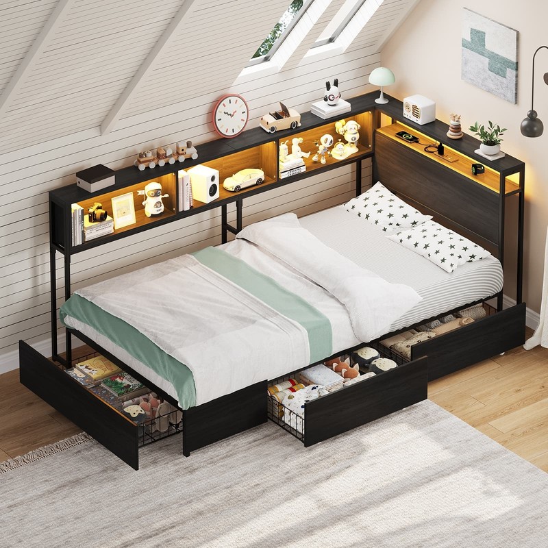 Twin Corner Bed Frame with LED Headboard, Charging Station, Storage Drawers, Bla gallery