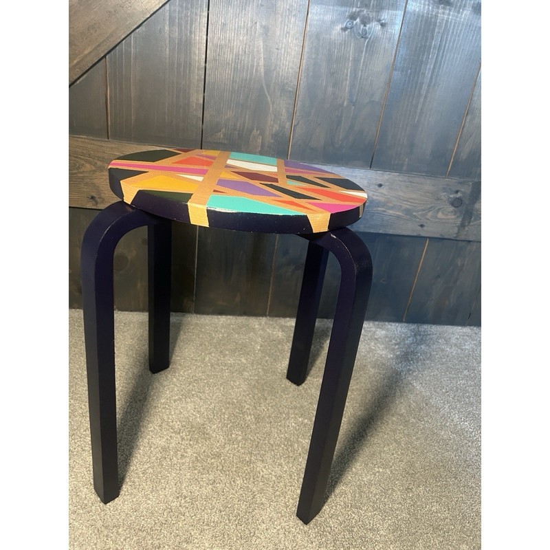 Hand-Painted Side Table Unique Colorful Navy Blue Legs Gold Geometric Boho gallery