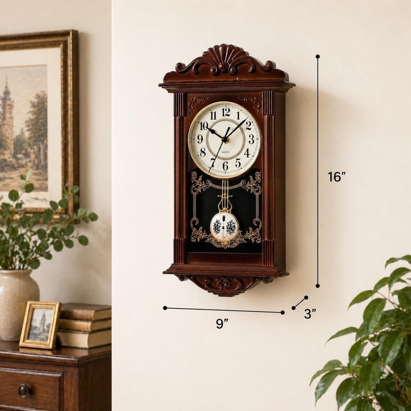 Vintage Grandfather-Style Wall Clock with Wood-Effect Plastic Pendulum, Battery- gallery