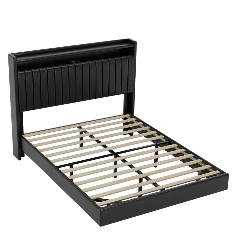 Queen Size Floating Bed Frame with LED Lights Adjustable Upholstered Headboard gallery