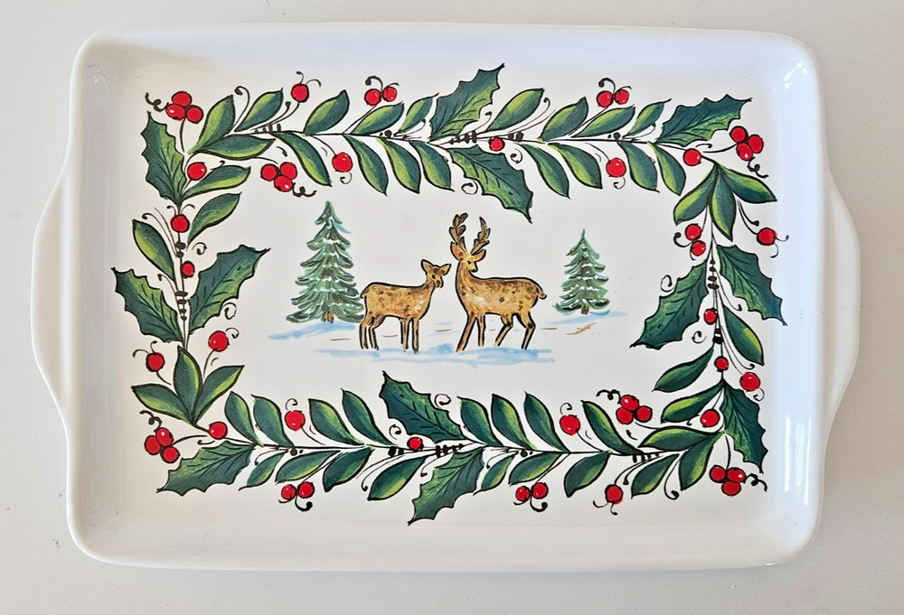 Nova Deruta 12" Italian Ceramic Serving Tray Deer Trees w/Holly trim 12" x 9"
