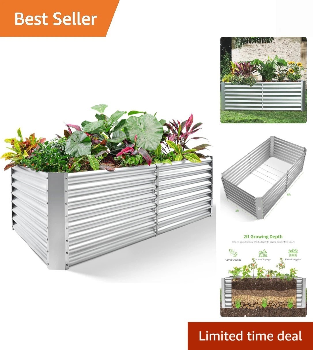 6×3×2 ft Galvanized Metal Raised Garden Bed, 2FT Deep Root Elevated Planter B... gallery