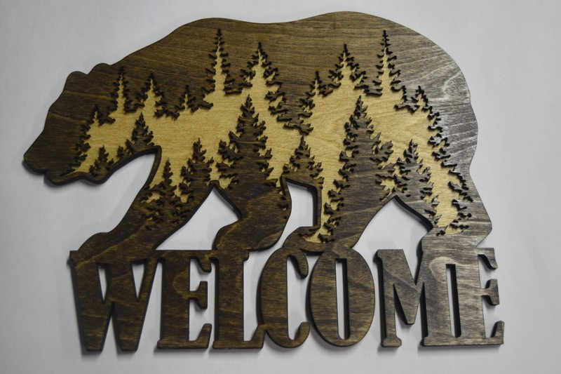 ​Rustic Bear with Wilderness Welcome Sign Laser Cut Dark Walnut and Golden Oak gallery