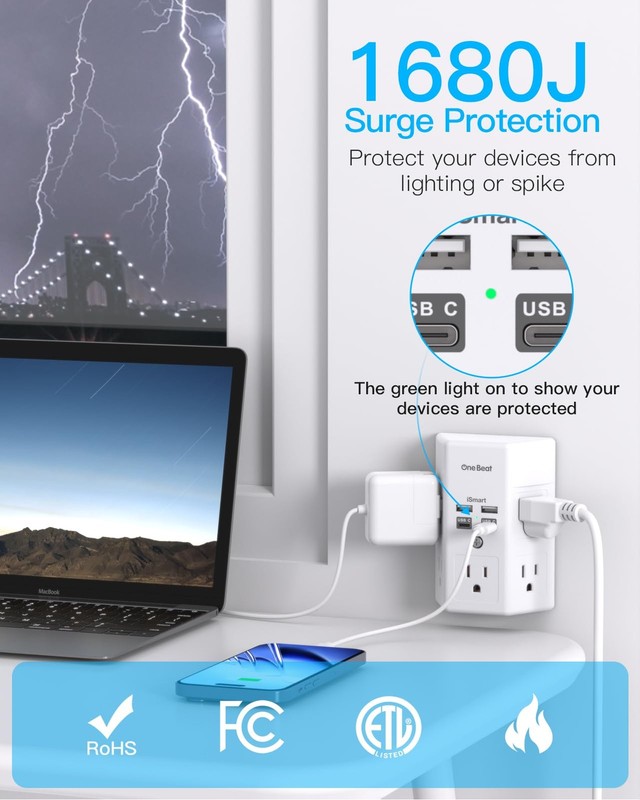 One Beat 1680J 3 Side Power Strip Multi Plug Expander, 15.5W,1Pack, White gallery
