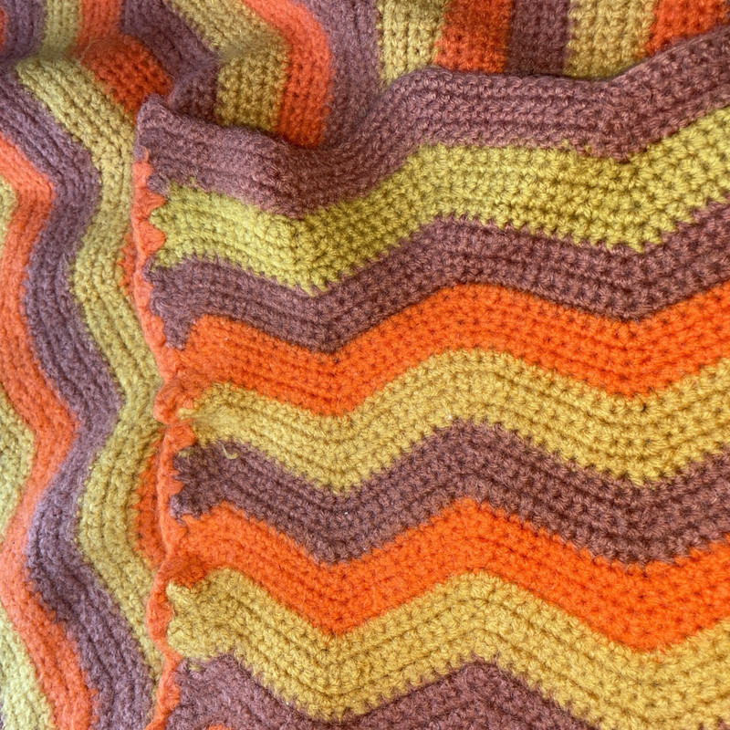 Vtg Crochet Blanket Chevron Zig Zag Orange Brown Yellow 36"x52" Soft Cottagecore gallery