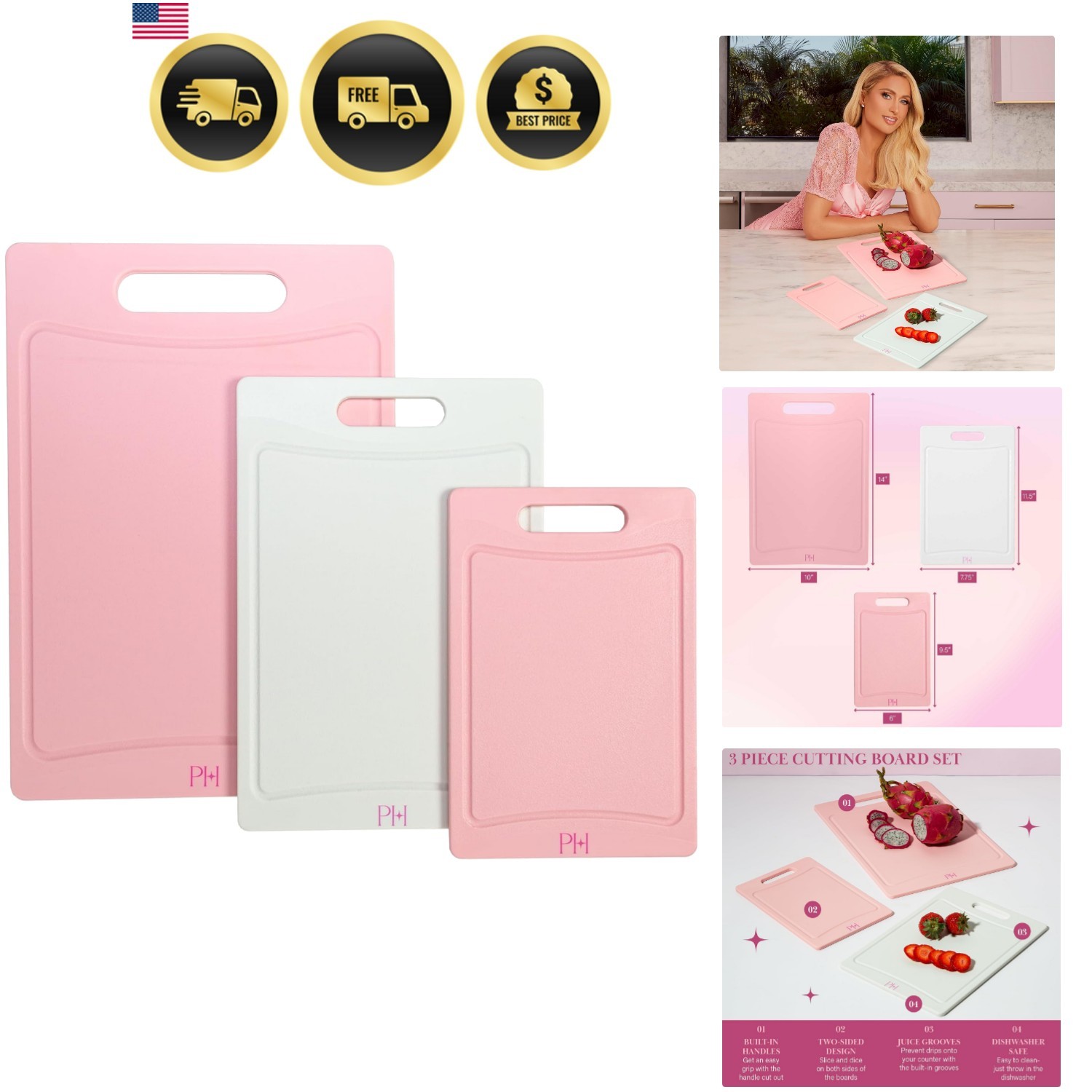 Plastic Cutting Board Set Kitchen Reversible BPA Free Juice Grooves Handles gallery