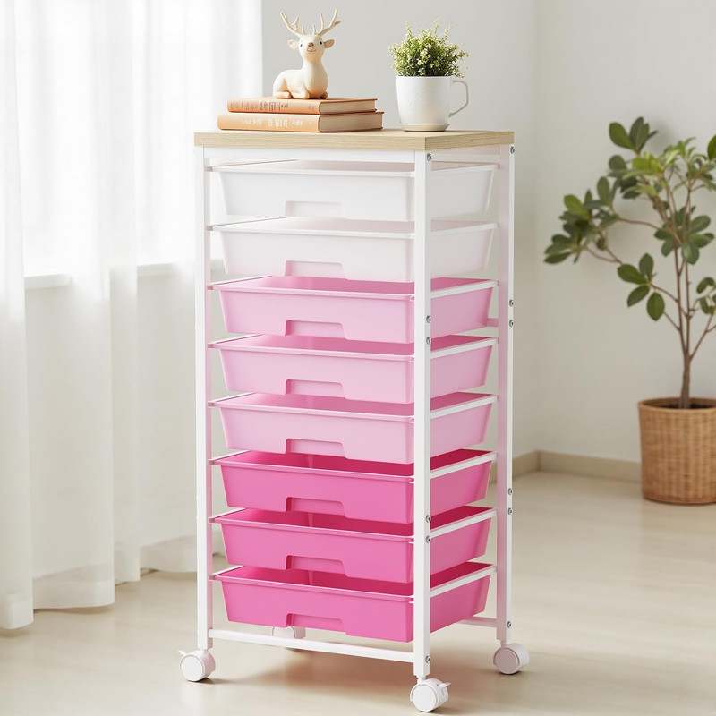 Rolling Cart with 8 Drawers, Plastic Drawer Storage Carts with Wheels & Wooden T gallery