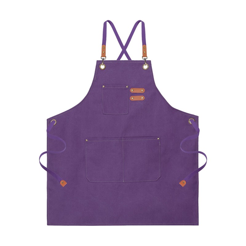 Canvas Chef Aprons Adjustable 75x69cm Cross Back Kitchen Apron 3 Pockets Purple gallery