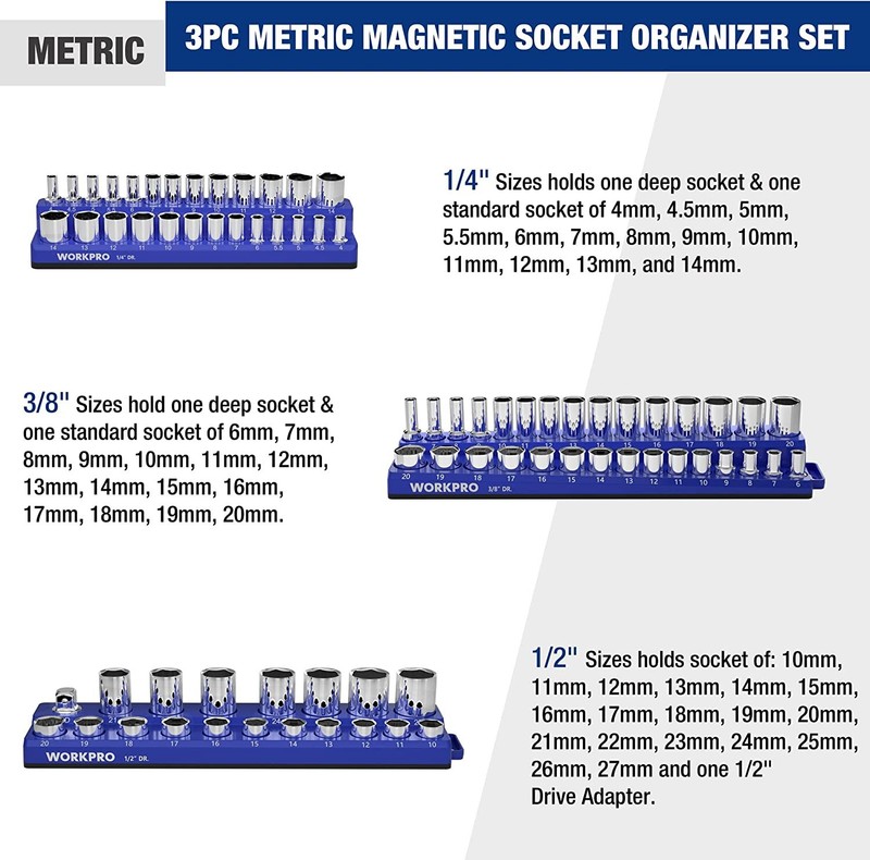 WORKPRO 3PCS/6PCS Magnetic Socket Organizer Holder Set 1/4" 3/8" 1/2" SAE/METRIC gallery