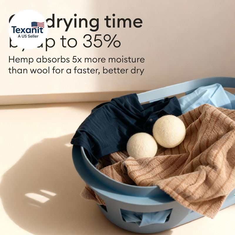 Natural Hemp Dryer Balls - 4 Pack, 5X More Absorbent than Wool - Cuts Drying Tim gallery