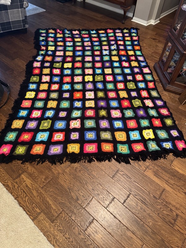 Vintage Granny Square Afghan 150” x 84” Needs repair to 7 Squares. gallery