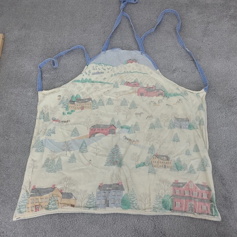 Vintage Style Bib Apron Homemade Winter Farm Village Cow Horse Duck Pockets gallery
