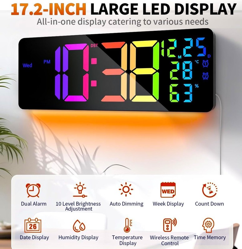 17.2" LARGE LED WALL CLOCK DIGITAL RGB REMOTE ALARM WEEK DATE TEMP HUMIDITY BEST gallery