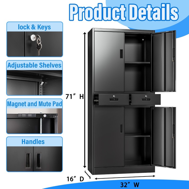 71in Metal Storage Cabinet with Adjustable Shelves and 2 Drawer,Locking Cabinet gallery