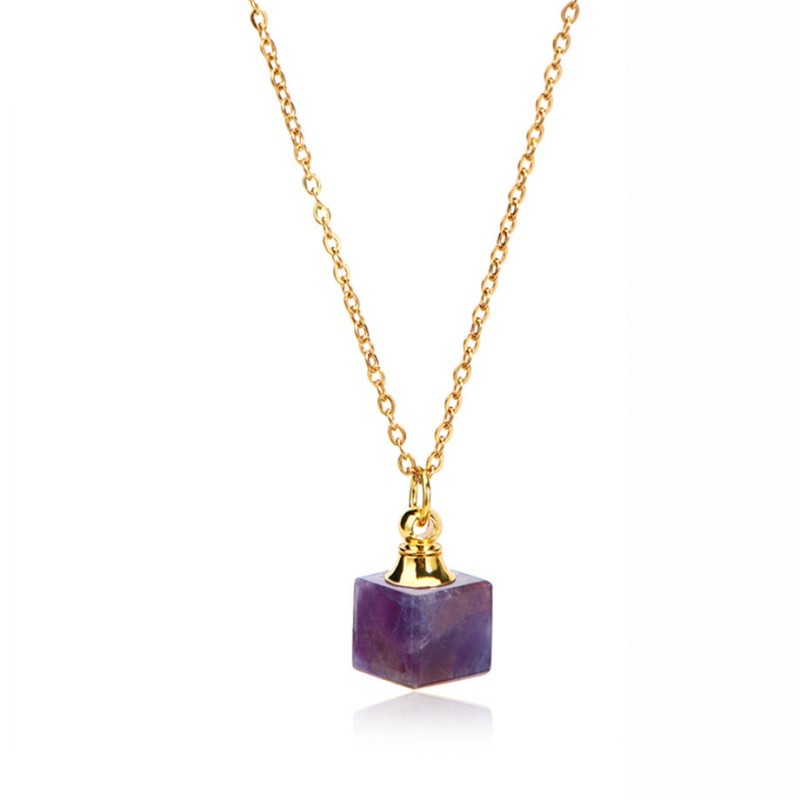 Gemstone Cube Pendant Necklace – Gold/Silver Plated Chain Chakra Healing Jewelry
