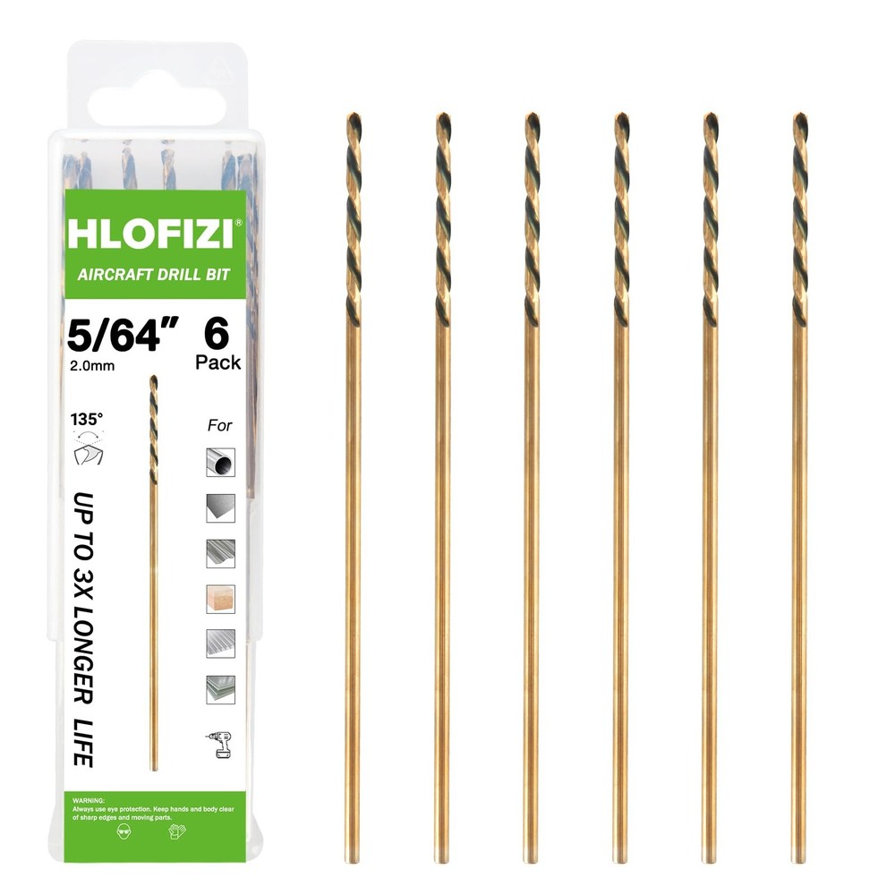 HLOFIZI 5/64" x 6" Extra Long Drill Bit (6 Pack), Aircraft 5/64", Gold
