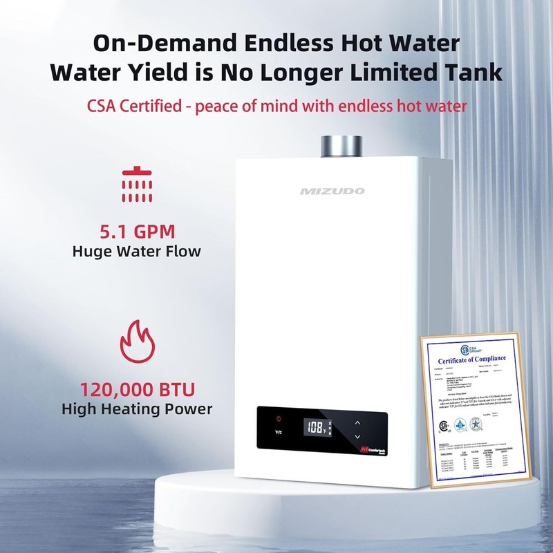 Natural Gas/Propane Tankless Water Heater Indoor On-Demand 5.1GPM 120000BTU gallery