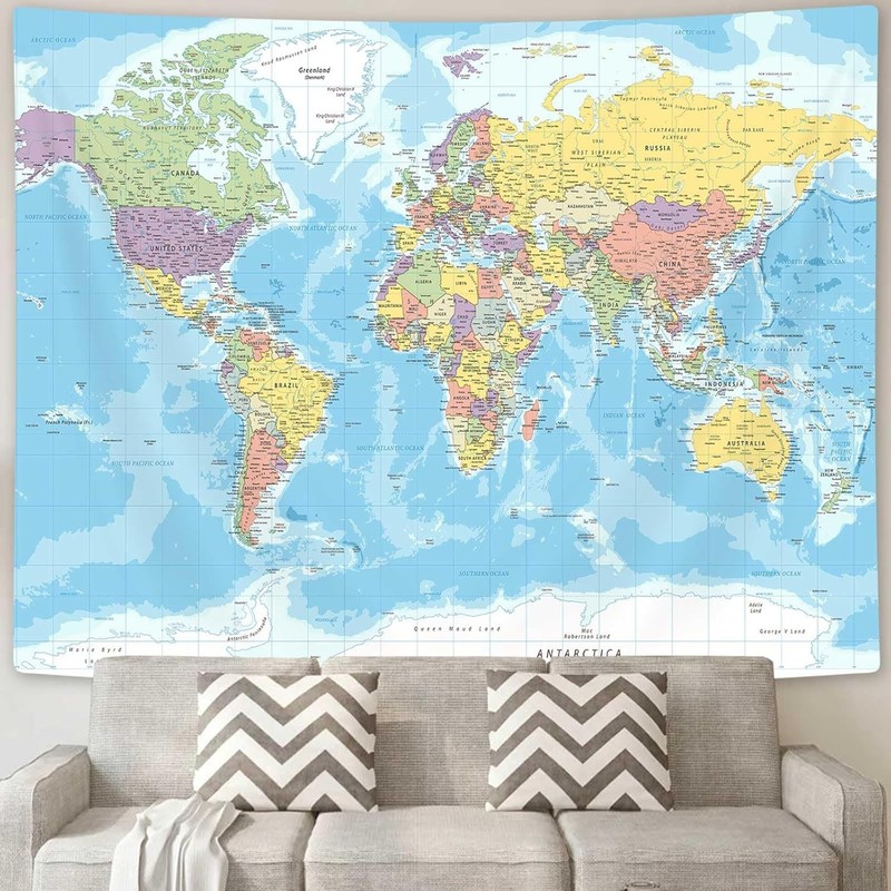 ICTEISOM World Map Tapestry Wall Hanging, of The 60L x 40W, Blue gallery