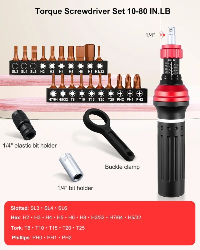 Torque Screwdriver 10-80 In.Lb, Inch Pound Torque Screwdriver Set with 1/4" Bit gallery