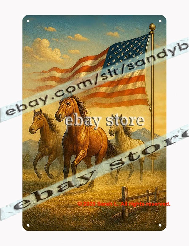 Running Horses Flag Tin Sign 3D Effect Patriotic Ranch Art gallery