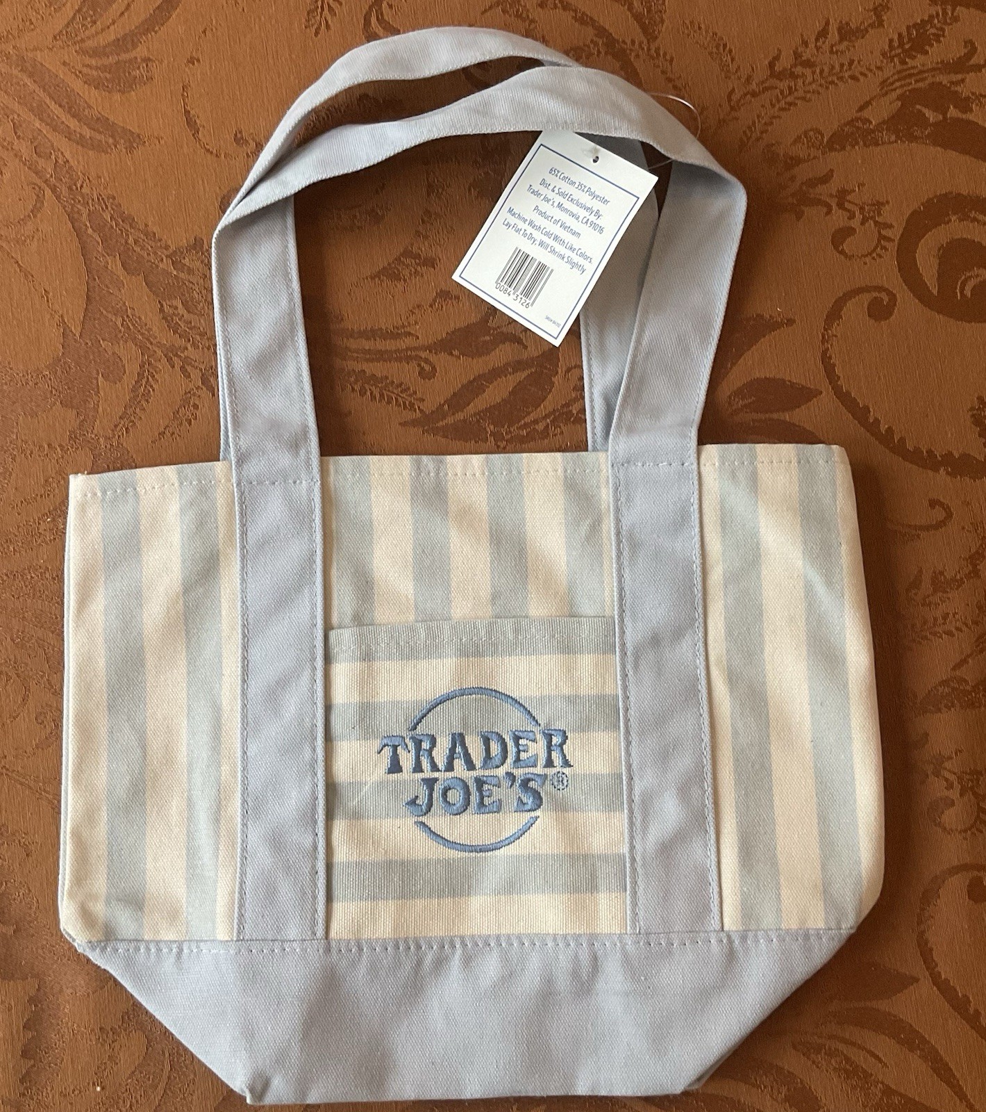 Trader Joe's Light Blue Striped Canvas Tote Bag Reusable Grocery Shopping NEW gallery