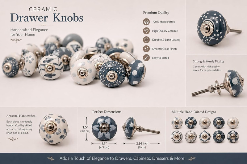 20 Knobs Grey & White Cream Hand Painted Ceramic Knobs Cabinet Drawer Pull Pulls gallery