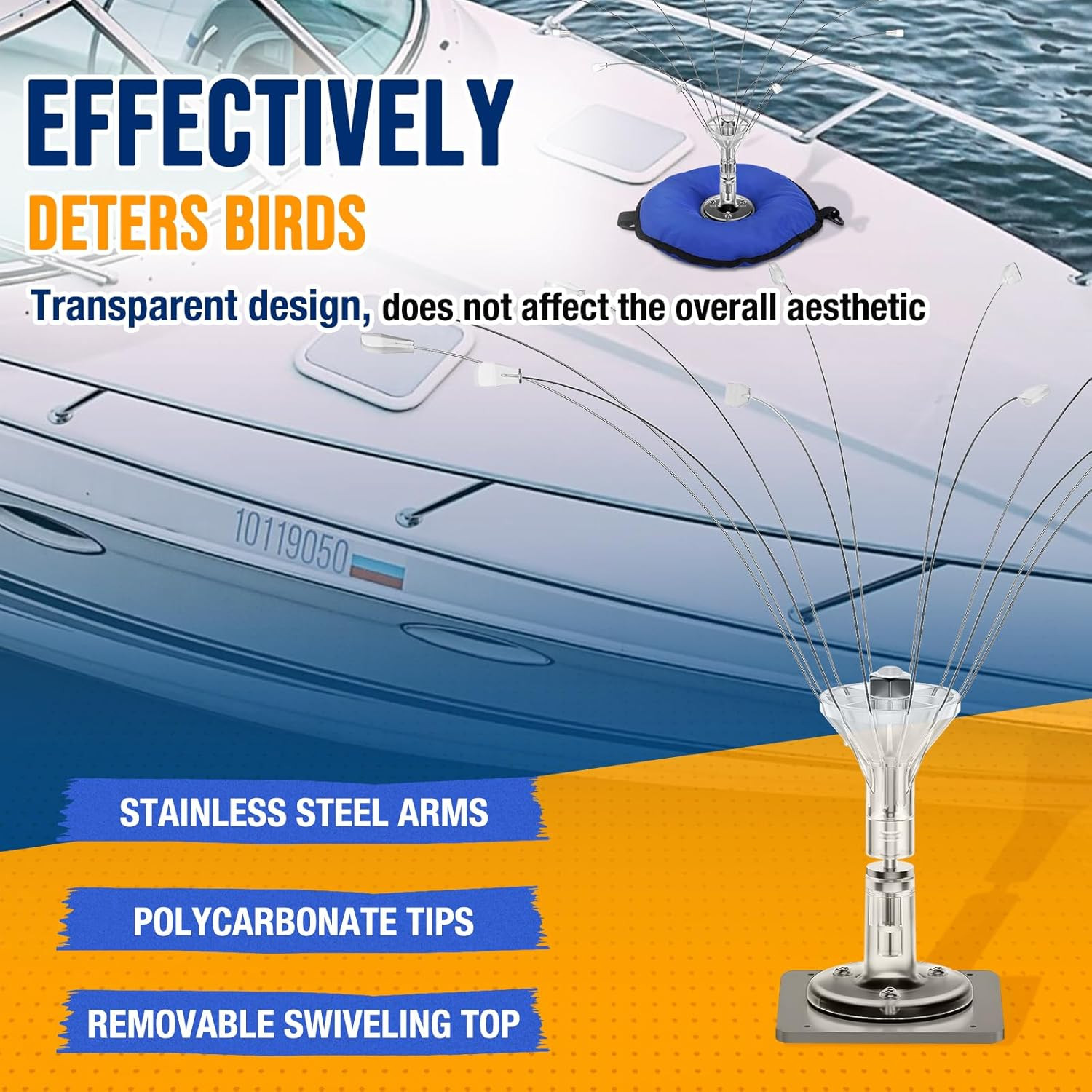 Stainless Steel Bird Deterrent with PVC Base for Outdoors, Boats, Docks and HVAC gallery