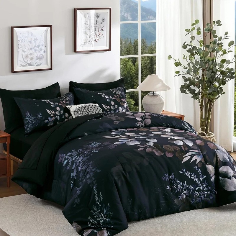 Black Comforter Set Queen Size 7 Pieces Bed in a Bag, Botanical Floral Print Bed gallery