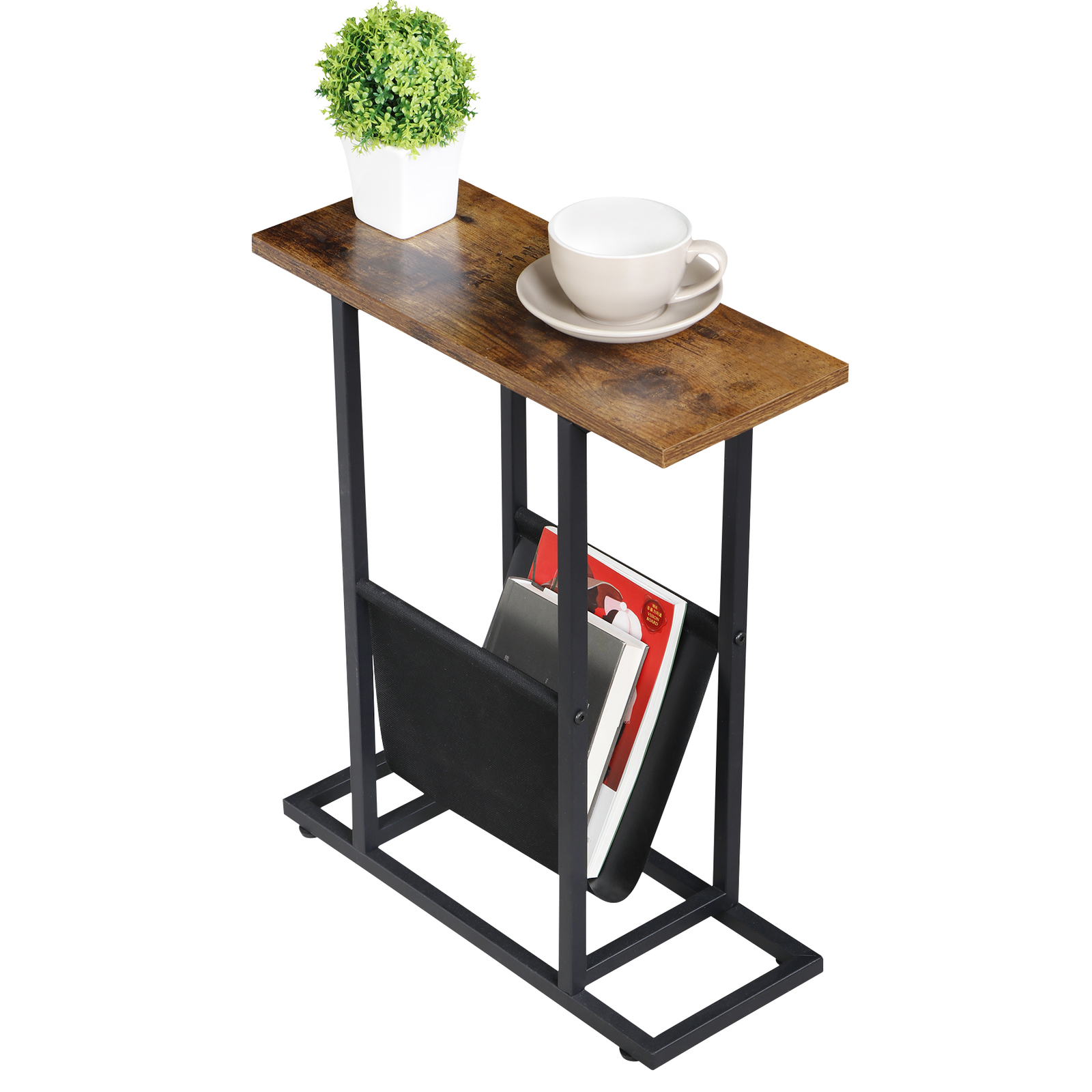 Small Narrow Compact Sidetable MDF Top Metal Frame Freestanding Rack, Brown gallery