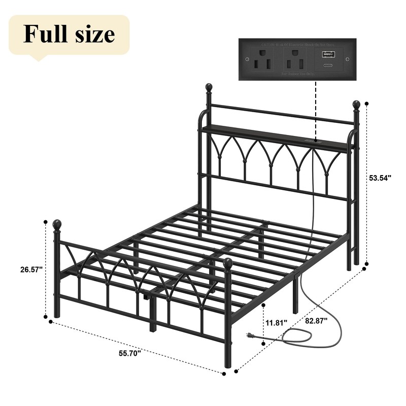 Queen Metal Bed Frame with Charging Station, Headboard storage space,LED Lights. gallery