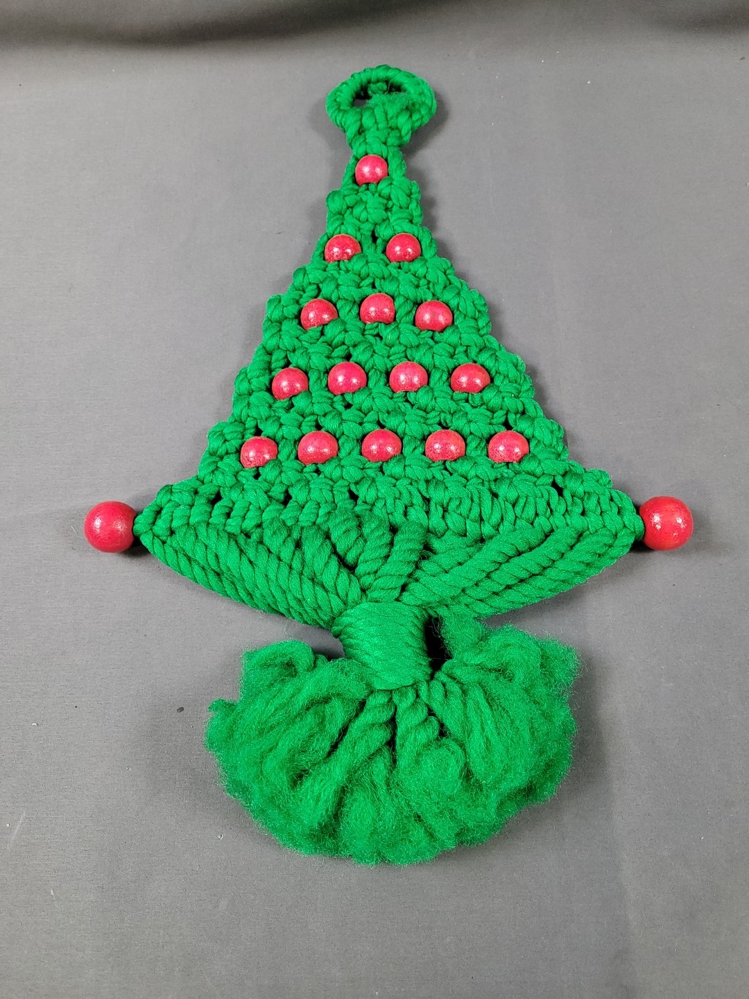 Vintage Macrame 16" Crochet Handmade Christmas Tree Wall Hanging Wood Red Beads gallery