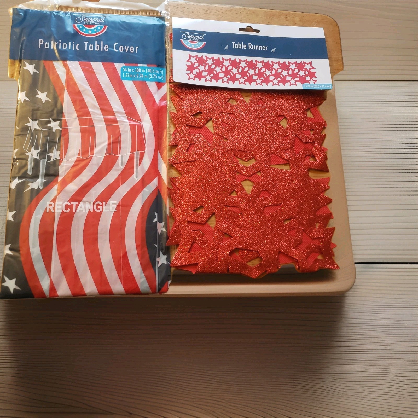 Patriotic Flag 4th Of July Plastic Tablecover 54 x 108 & Red Glitter Star Runner gallery
