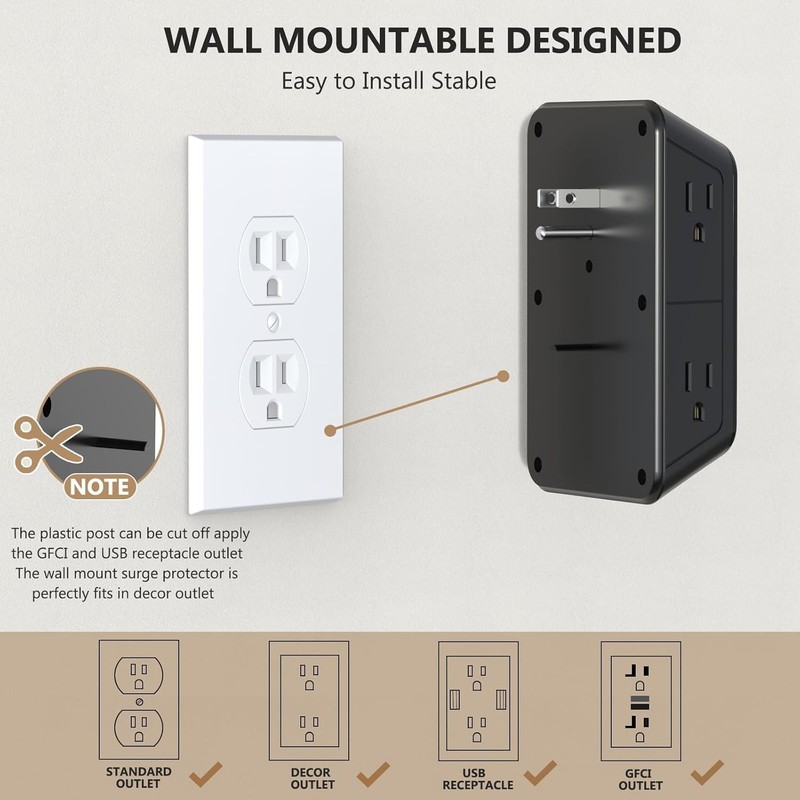 Extender Surge Protector - 6 Outlet Splitter with 4 USB Ports (2 USB C), Multipl gallery
