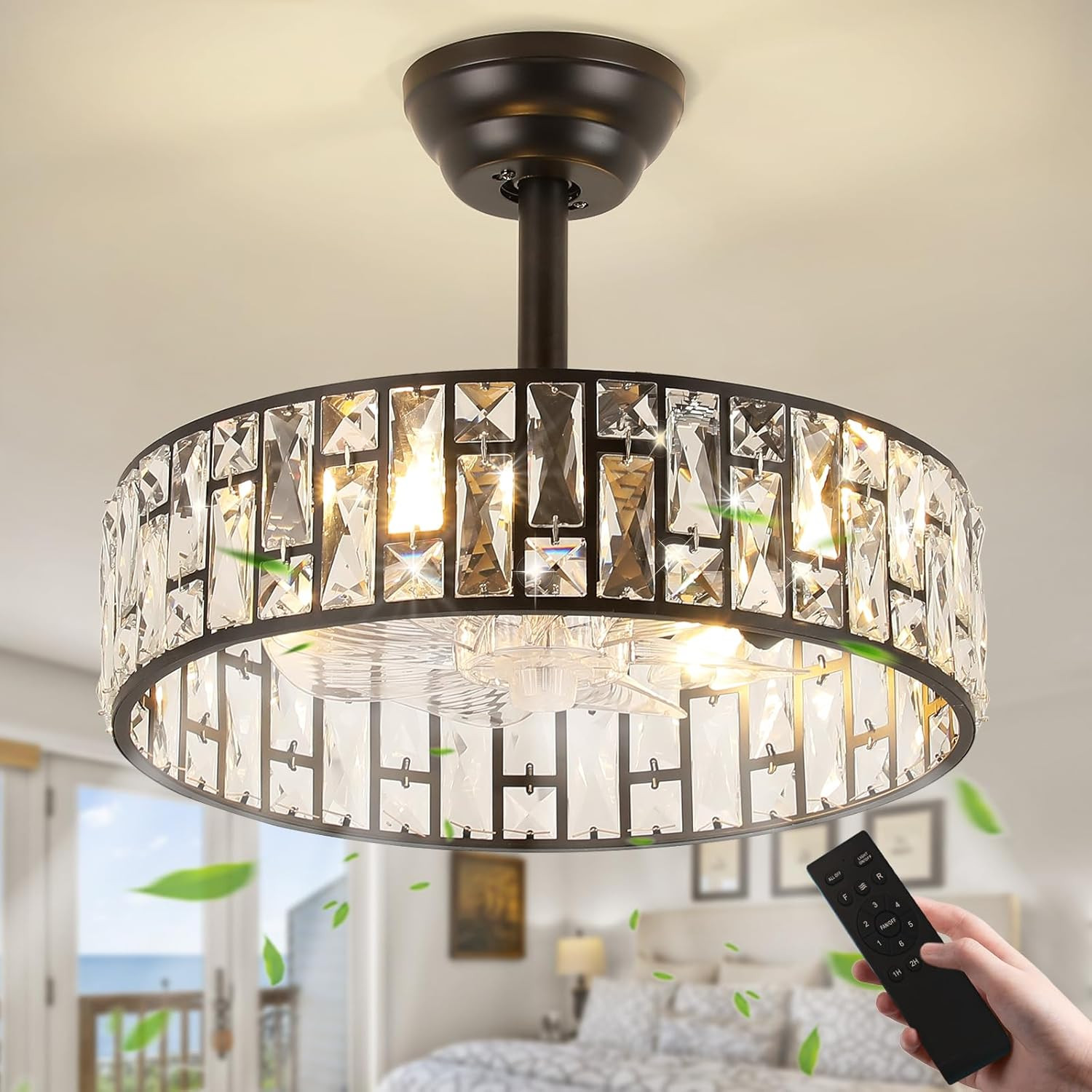 Modern Black Crystal Caged Ceiling Fan with Remote, 6-Speed Bladeless Lighting gallery
