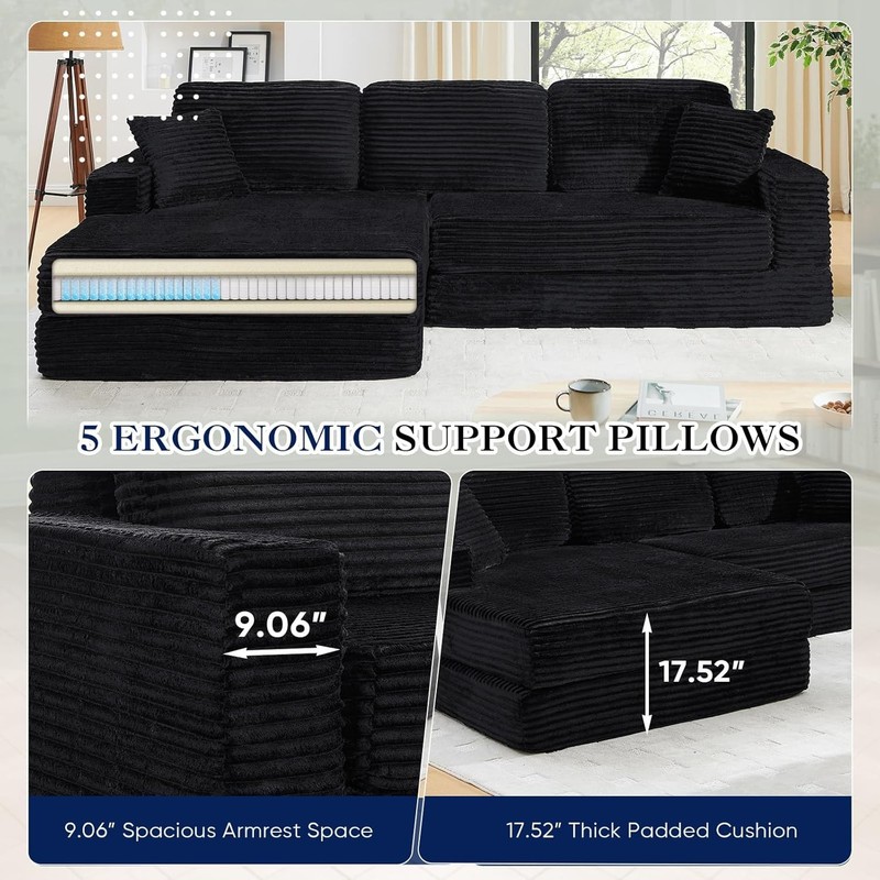 112.6" L Shape Convertible Sectional Sofa Corduroy Boneless with Left Chaise gallery