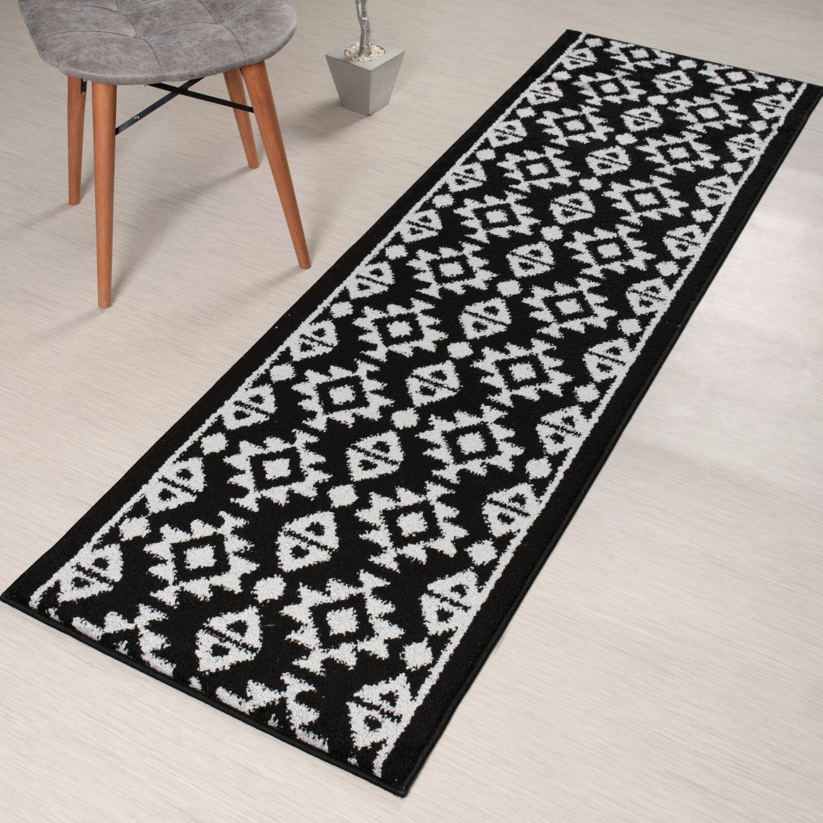 Custom Length Hallway Runner Rug Non Slip Backing, Southwestern, Black - Silver gallery