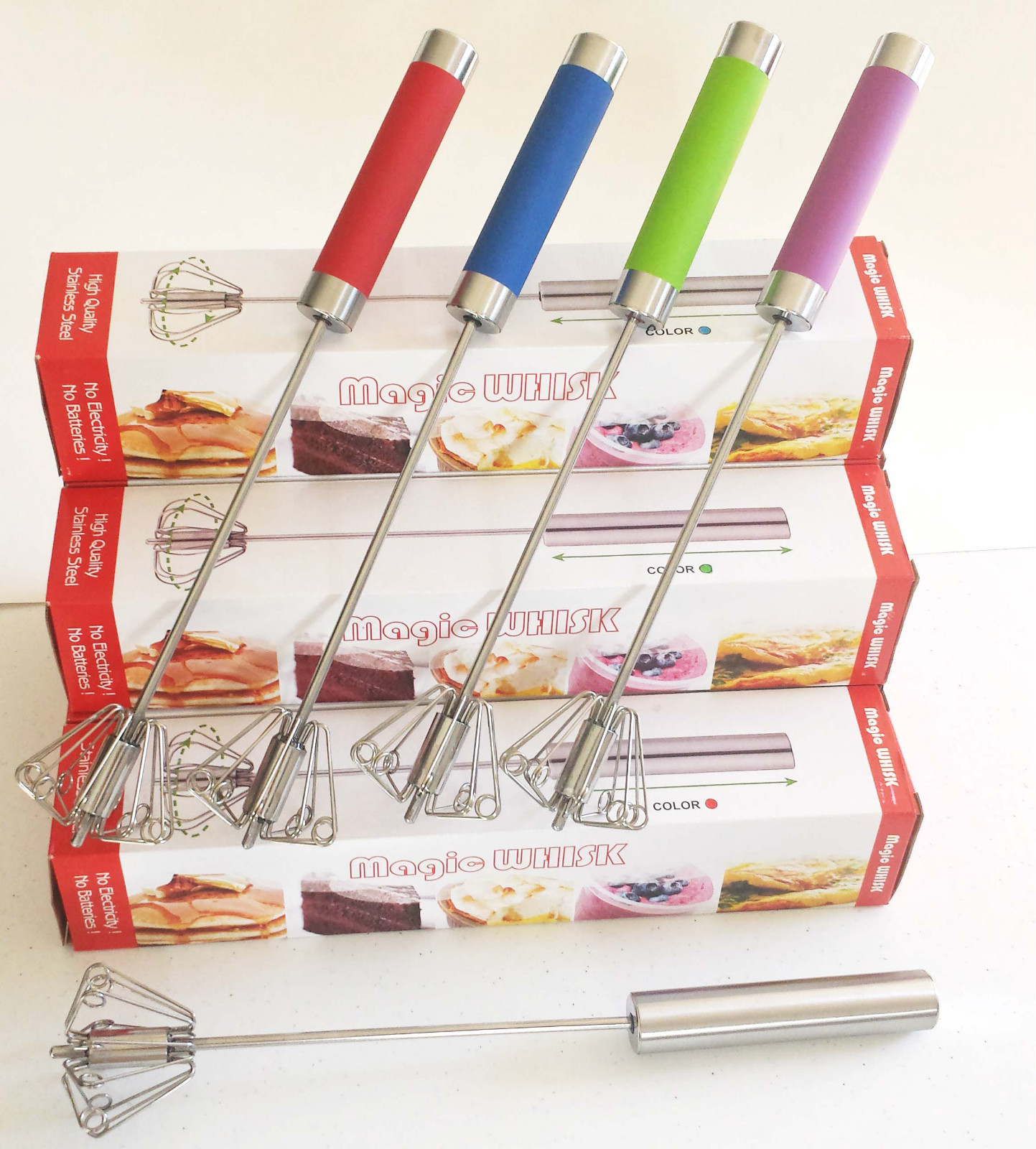 2sets 14" Semi-Automatic Manual Self Turning Stainless Steel Push Whisk Mixer gallery