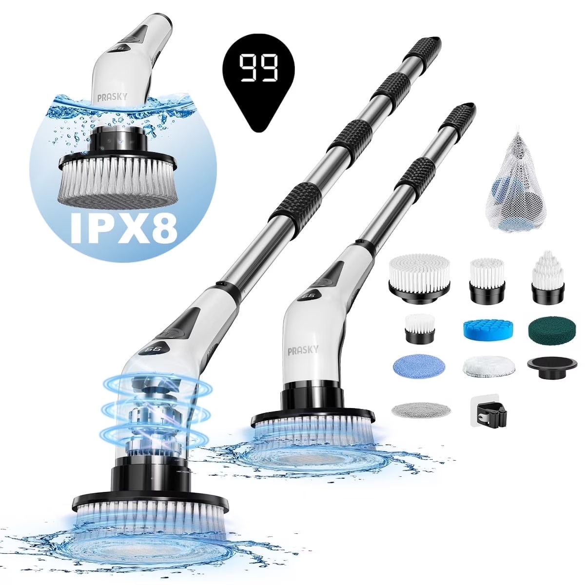 Electric Spin Scrubber Extra Length 9 Brush Heads Retractable Handle IPX8 gallery