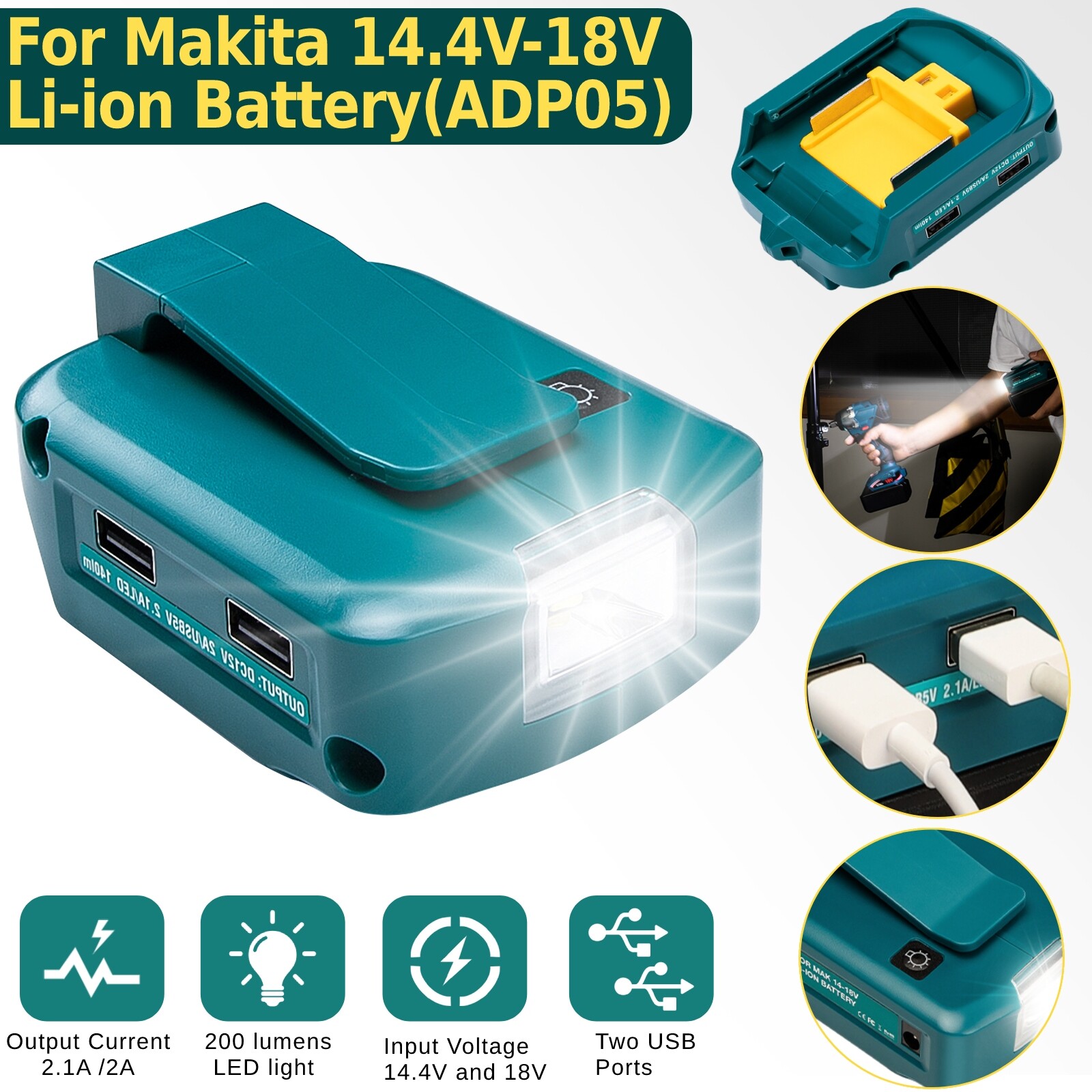 Dual USB Power Source Charger Li-ion Battery Adapter For Makita 14.4-18V w/LED gallery
